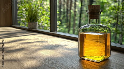 Amber liquid in glass bottle near window