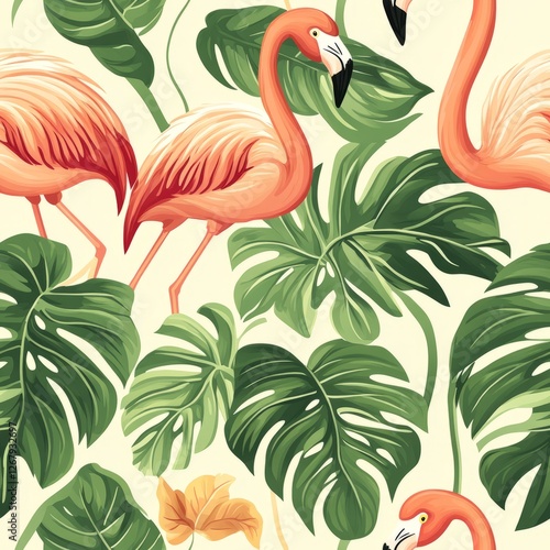 Wallpaper Mural Seamless Pattern - Pink flamingos amidst lush tropical leaves. Torontodigital.ca