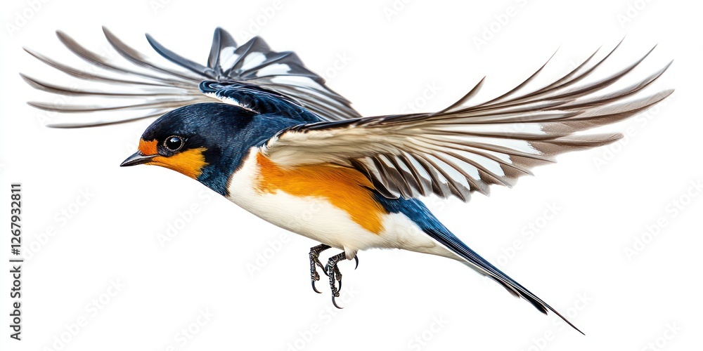 Fototapeta premium A beautiful swallow soars through the clear blue sky, its colorful plumage glinting in the sunlight as it gracefully balances in flight on a lovely spring day