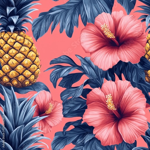 Wallpaper Mural Seamless Pattern - Tropical floral print with pineapples and hibiscus flowers Torontodigital.ca