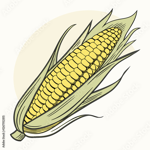 Fresh Golden Corn Cobs with Green Husks Organic Farm Produce Vector Illustration