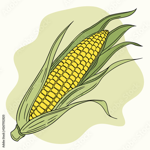Fresh Golden Corn Cobs with Green Husks Organic Farm Produce Vector Illustration