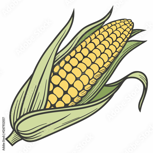 Fresh Golden Corn Cobs with Green Husks Organic Farm Produce Vector Illustration