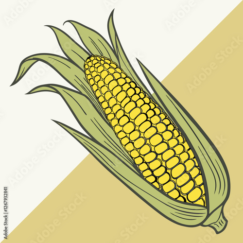 Fresh Golden Corn Cobs with Green Husks Organic Farm Produce Vector Illustration