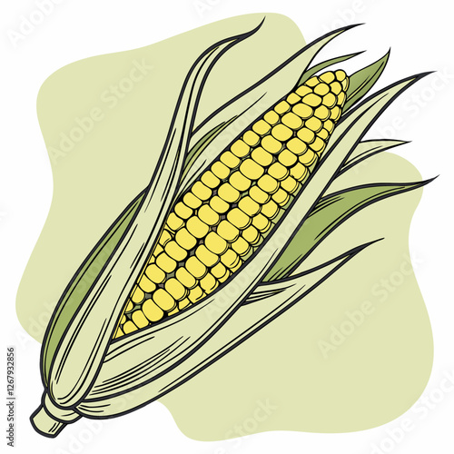 Fresh Golden Corn Cobs with Green Husks Organic Farm Produce Vector Illustration