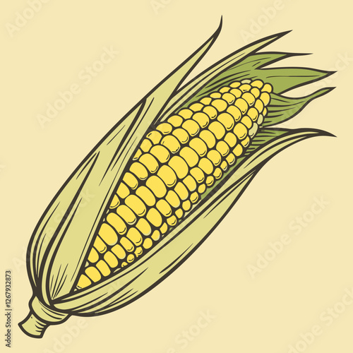 Fresh Golden Corn Cobs with Green Husks Organic Farm Produce Vector Illustration