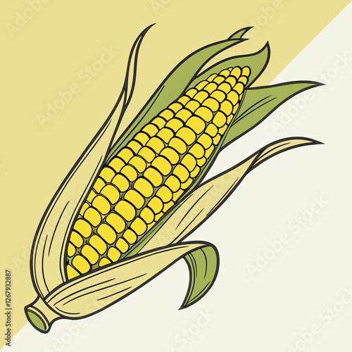 Fresh Golden Corn Cobs with Green Husks Organic Farm Produce Vector Illustration