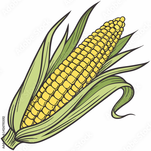 Fresh Golden Corn Cobs with Green Husks Organic Farm Produce Vector Illustration
