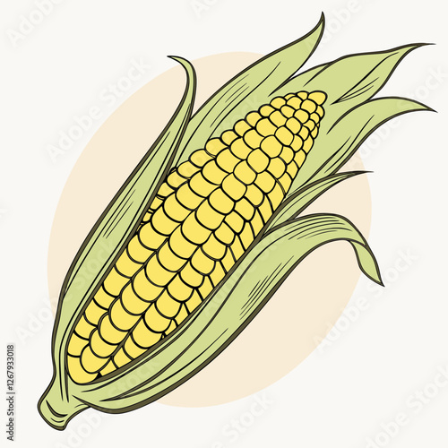Fresh Golden Corn Cobs with Green Husks Organic Farm Produce Vector Illustration