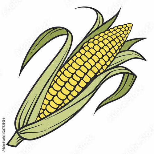 Fresh Golden Corn Cobs with Green Husks Organic Farm Produce Vector Illustration