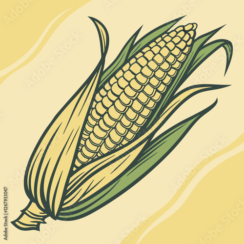 Fresh Golden Corn Cobs with Green Husks Organic Farm Produce Vector Illustration