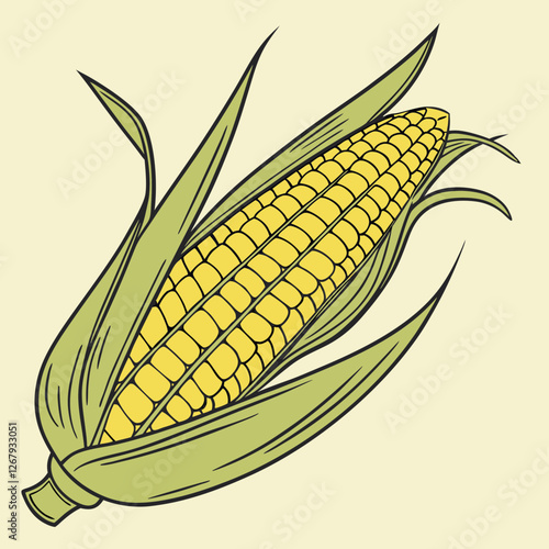 Fresh Golden Corn Cobs with Green Husks Organic Farm Produce Vector Illustration