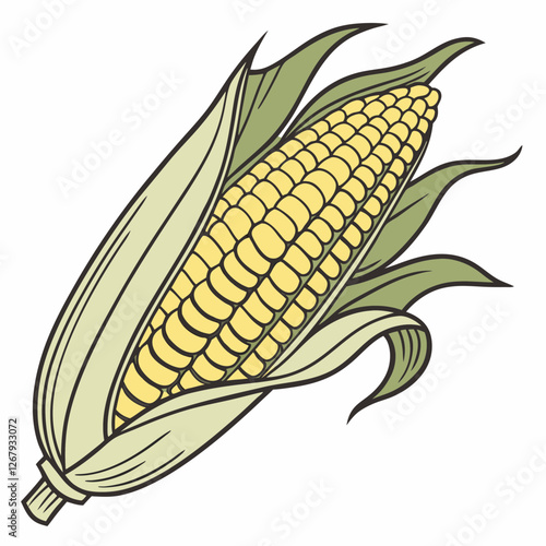 Fresh Golden Corn Cobs with Green Husks Organic Farm Produce Vector Illustration