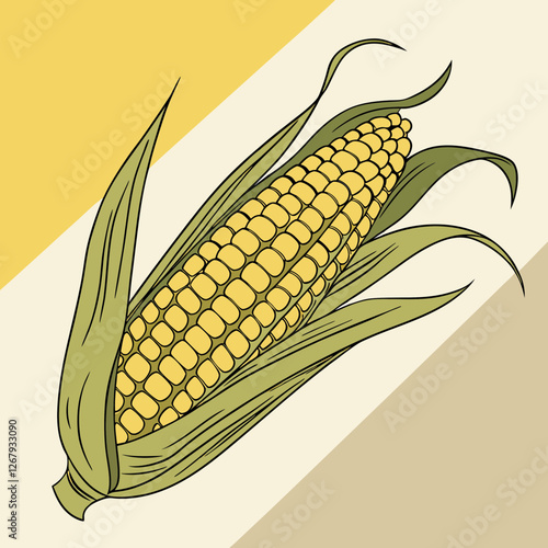 Fresh Golden Corn Cobs with Green Husks Organic Farm Produce Vector Illustration