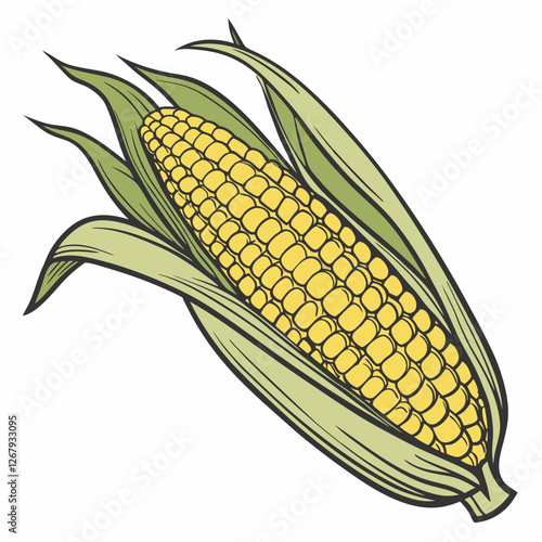 Fresh Golden Corn Cobs with Green Husks Organic Farm Produce Vector Illustration