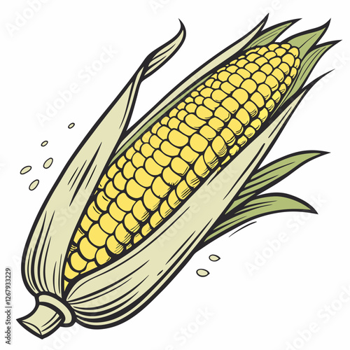 Fresh Golden Corn Cobs with Green Husks Organic Farm Produce Vector Illustration
