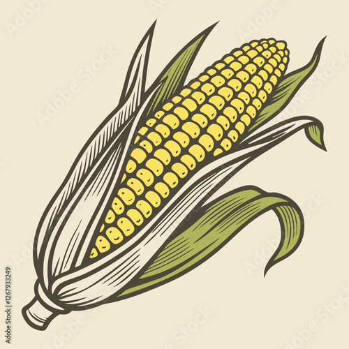Fresh Golden Corn Cobs with Green Husks Organic Farm Produce Vector Illustration