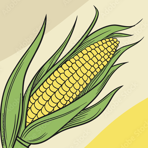 Fresh Golden Corn Cobs with Green Husks Organic Farm Produce Vector Illustration