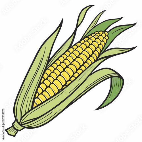 Fresh Golden Corn Cobs with Green Husks Organic Farm Produce Vector Illustration