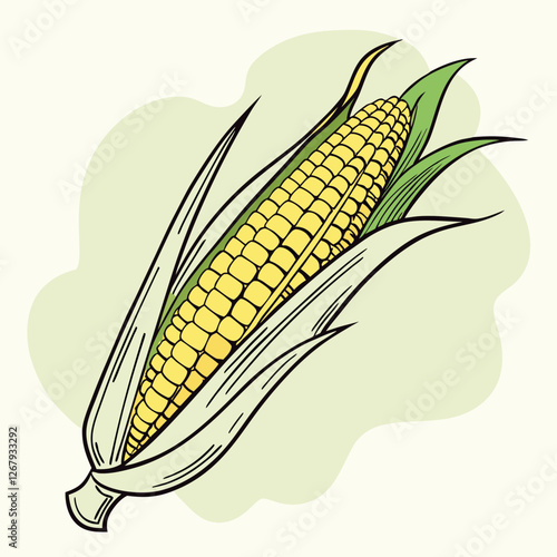 Fresh Golden Corn Cobs with Green Husks Organic Farm Produce Vector Illustration