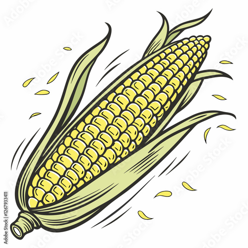 Fresh Golden Corn Cobs with Green Husks Organic Farm Produce Vector Illustration