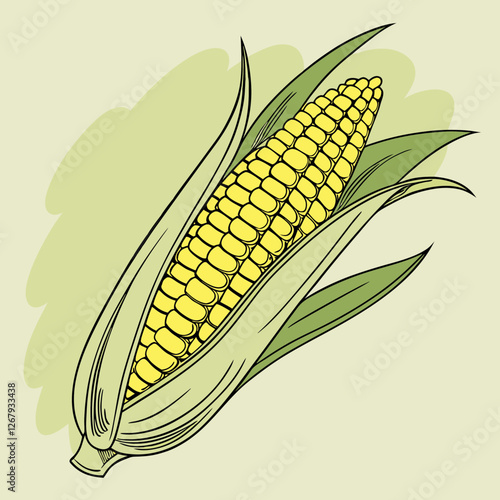 Fresh Golden Corn Cobs with Green Husks Organic Farm Produce Vector Illustration
