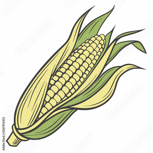 Fresh Golden Corn Cobs with Green Husks Organic Farm Produce Vector Illustration