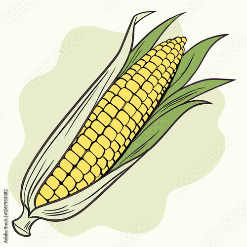 Fresh Golden Corn Cobs with Green Husks Organic Farm Produce Vector Illustration