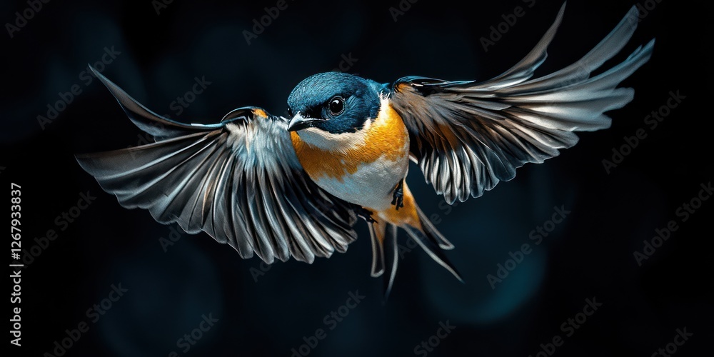 Obraz premium A stunning fairy bird glides gracefully in the blue sky, its colorful feathers shimmering in the sunlight. It embodies the spirit of spring and freedom
