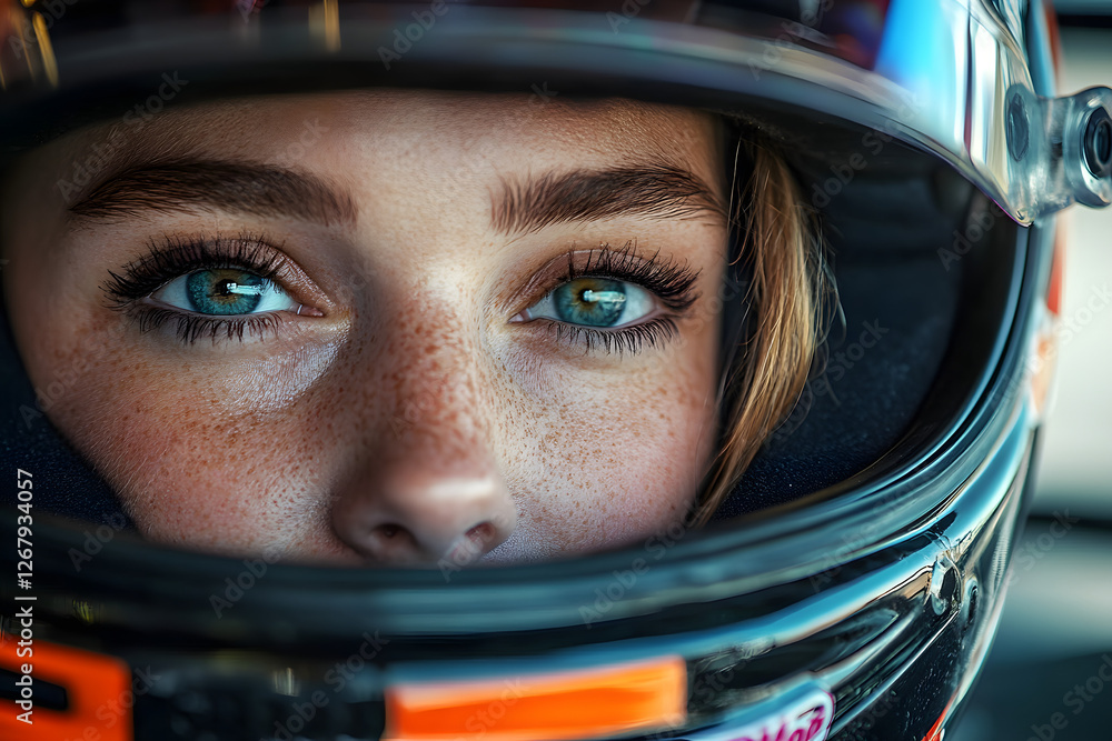 Close up of focused female race car driver wearing helmet, preparing for motorsport competition Close up of focused female race car driver wearing helmet, preparing for motorsport competition