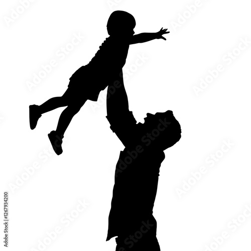 Silhouette of a father lifting his child into the air, both smiling with joy, Father's Day, family bonding, unconditional love, happiness, parent-child connection, trust, nurturing, precious family mo