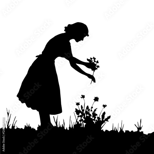 Silhouette of a woman in a field, bending forward to pick colorful flowers, holding a bouquet in one hand, gardening, nature's beauty, outdoor activity, fresh air, nurturing plants, mindful living, re