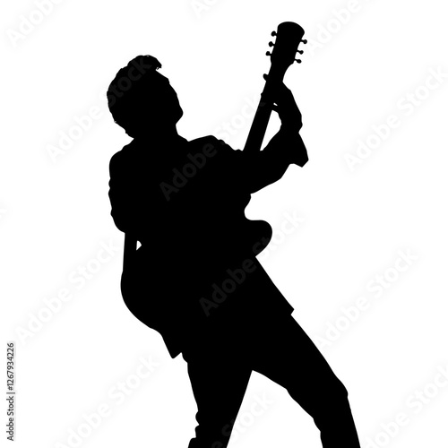 Silhouette of a musician playing an electric guitar passionately on stage, leaning back in a dynamic pose, music performance, energy, creativity, live performance, rock music, artistic expression, sta