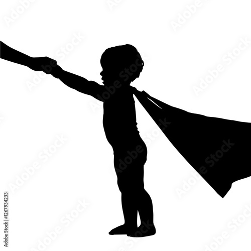 Silhouette of a toddler putting on a superhero cape, holding an adult’s hand, heroism, empowerment, imagination, childhood dreams, family support, strength, role models, adventure, courage, playful as