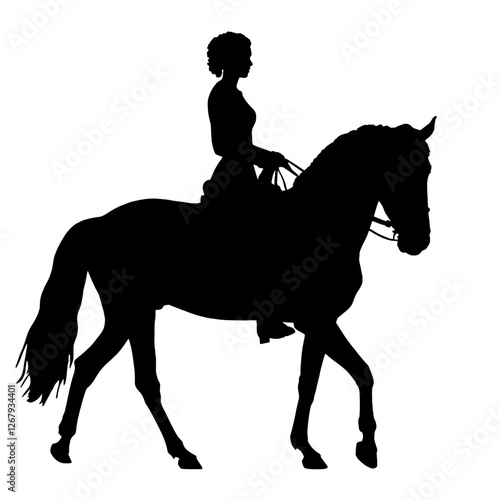 Silhouette of a person riding a horse, holding reins, with the horse walking, freedom, adventure, and connection with nature, symbolizing power, control, harmony between human and animal.