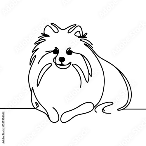 Minimalist line drawing of a dog resembling a Pomeranian with fluffy fur, big eyes,  smiling expression, home pets, companion animals, simplicity, symbolizing joy, warmth, companionship.