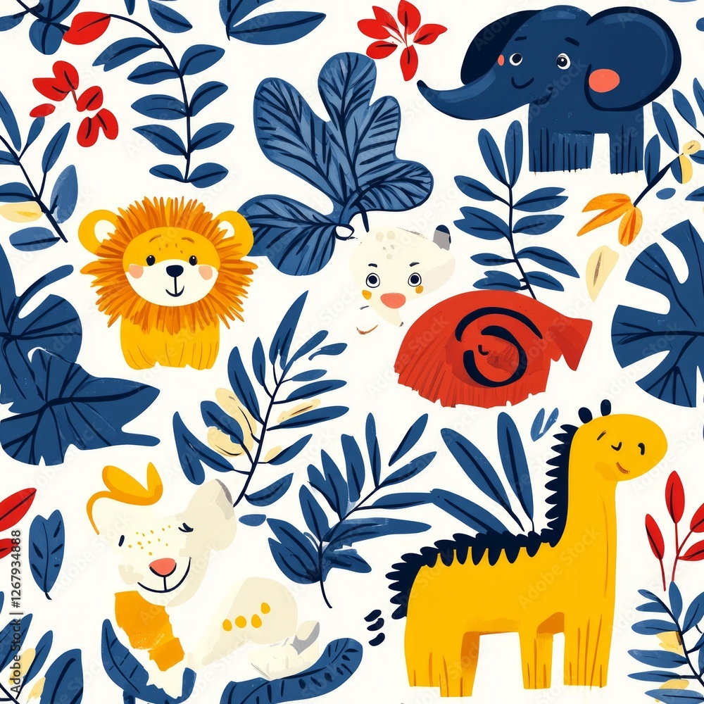 Fototapeta premium Whimsical Jungle Animal Pattern: A colorful, kid-friendly design with playful animals.
