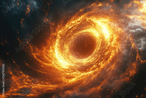 Fiery cosmic vortex swirling in space, a mesmerizing display of celestial fire and energy.