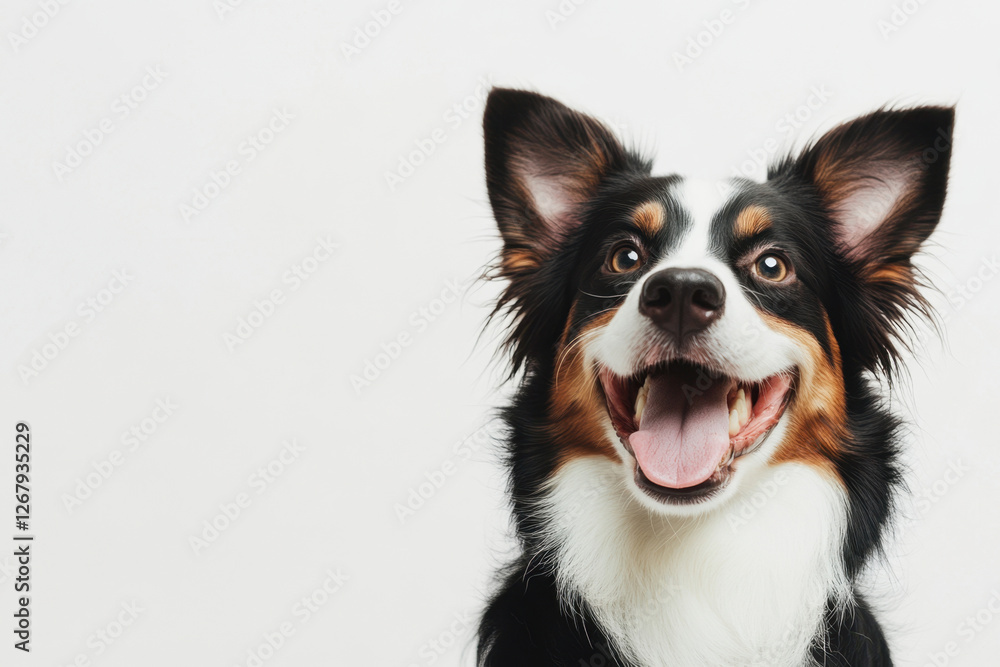 Fototapeta premium Funny and cheerful black-white-orange dog, highlighted on a white background. Care concept, animal life, health, exhibition. Isolated. Copy space for ad