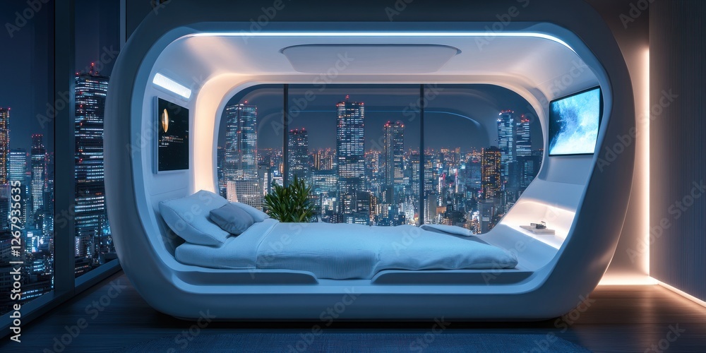 Futuristic Smart Bed with Cityscape View: A Night in the Modern Metropolis Futuristic Smart Bed with Cityscape View: A Night in the Modern Metropolis