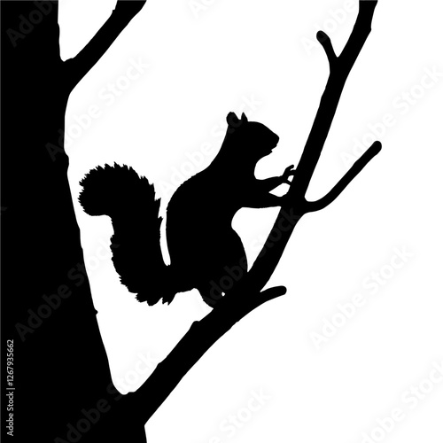 Black Silhouette of a Squirrel on a Branch – Representing Playfulness, Agility, and Nature, Simple Representation of Wildlife and Forest Creatures

