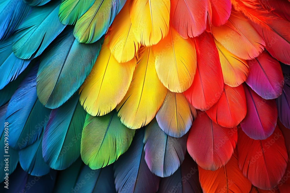Obraz premium Mardi Gras Background Vibrant Rainbow Parrot Feathers Background Texture Colorful Bird Plumage Close Up