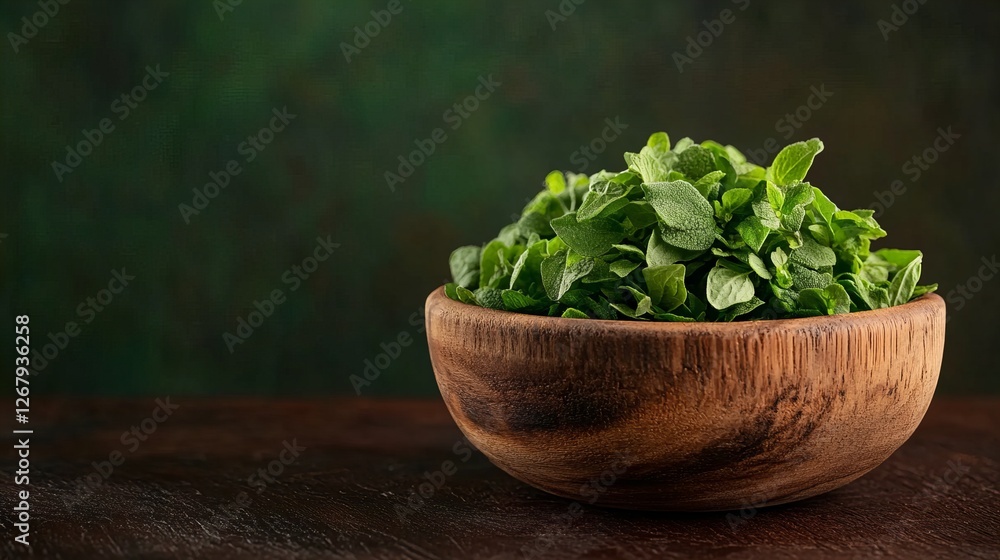 Fresh oregano leaves in a rustic wooden bowl. The vibrant green herbs stand out against the dark background. Fresh oregano leaves in a rustic wooden bowl. The vibrant green herbs stand out against the dark background.