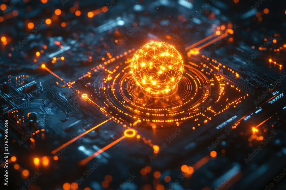 Obraz premium Glowing sphere on a circuit board, representing global network connectivity and data flow.