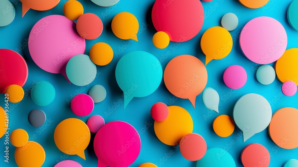 This captivating image displays vibrant circles and speech designs set against a blue canvas, representing ideas, thoughts, and the beauty of communication. This captivating image displays vibrant circles and speech designs set against a blue canvas, representing ideas, thoughts, and the beauty of communication.