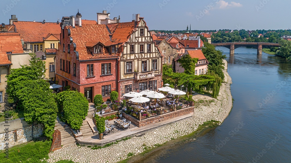 Fototapeta premium Riverfront Restaurant, Medieval Town, Sunny Day