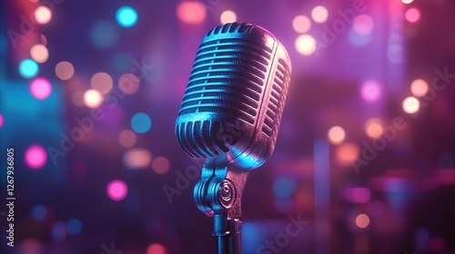 microphone on stage surrounded by colorful bokeh lights setting the mood for a vibrant and retro music performance with perfect lighting