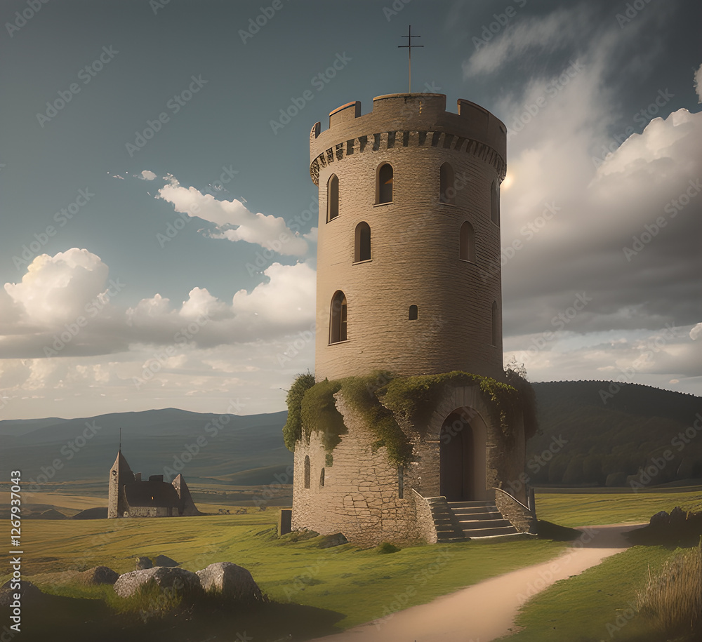 Fairy tale castle in green valley surrounded by mountains under blue sky.illustration of fantasy kingdom with natural landscape and medieval royal palace. Colorful game background.generative AI Fairy tale castle in green valley surrounded by mountains under blue sky.illustration of fantasy kingdom with natural landscape and medieval royal palace. Colorful game background.generative AI
