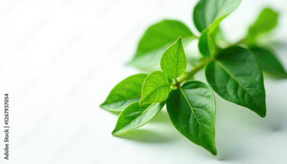 Fototapeta premium Detail of Gum Elemi Leaves and Stems on White Background, green stem, botanicals