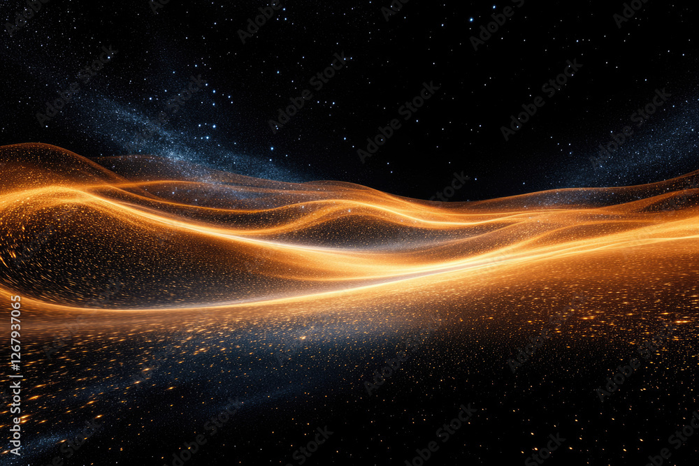Obraz premium Glowing golden waves ripple across a dark, star-studded expanse, creating a celestial landscape.